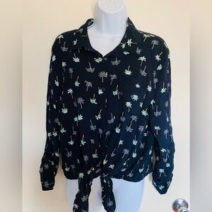 Love Notes Black Palm Tree Print Tie Waist Roll Up Sleeve Top Size XL